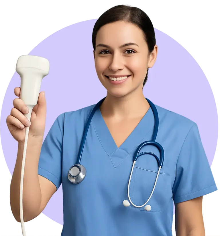 Enfermeira segurando um aparelho de ultrassonografia